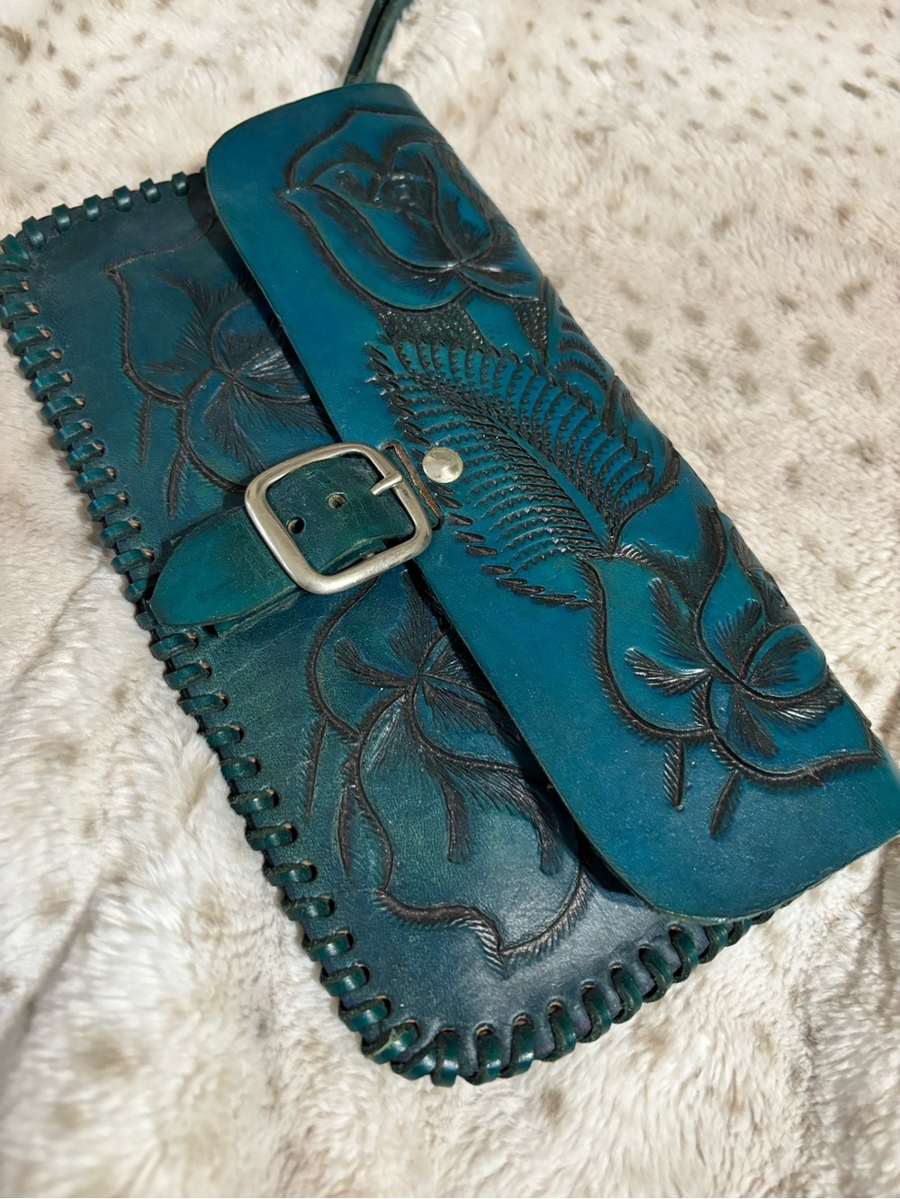 Teal Floral Tooled Leather Wristlet